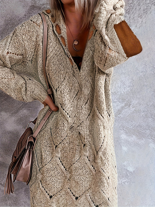 Vintage Style Women'S Color Block Polyester Knit Sweater Dress with Hood - 100% Polyester, V-Neck, Long Sleeve, Hollow-Out Design, Fall/Winter Collection