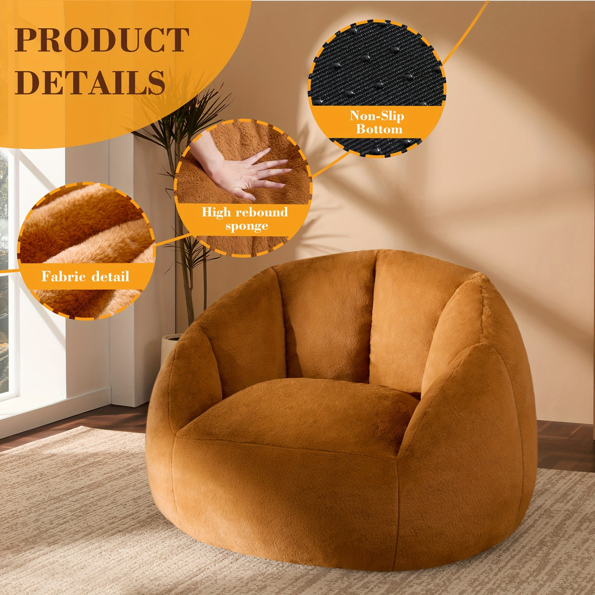 LIVING&GIVING Giant Bean Bag Chair for Adults - Oversized Plush Boneless Beanbag Couch with Memory Foam Filling, Floor Sofa Chair Suitable for Bedroom, Living Room & Game Room - - Lounge Chair, No Assembly Required
