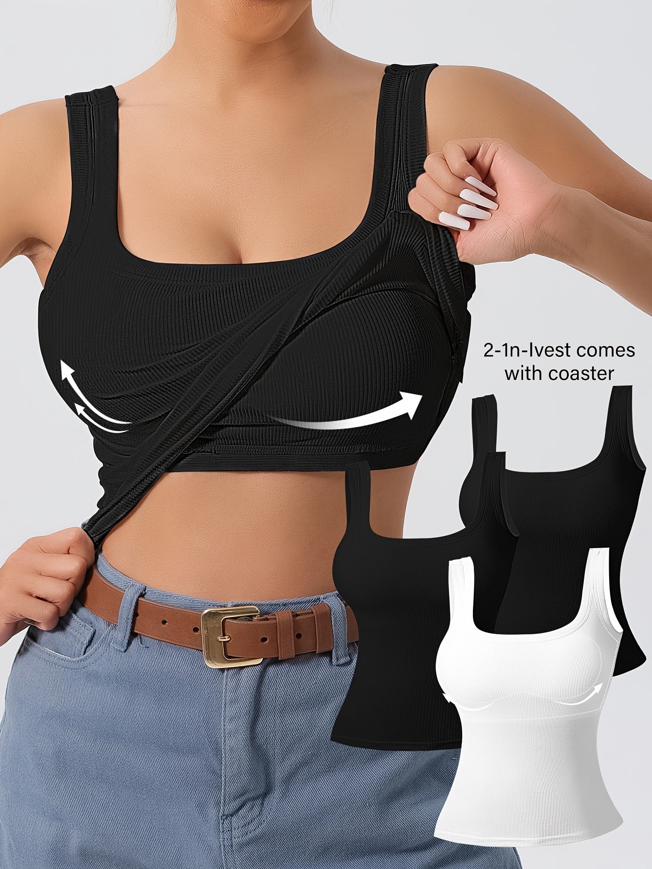 Women's 3Pcs U-Back Tank Tops With Removable Pads, Slim Fit Solid Color Versatile Inner & Outerwear Camisole Vest Set Casual Style