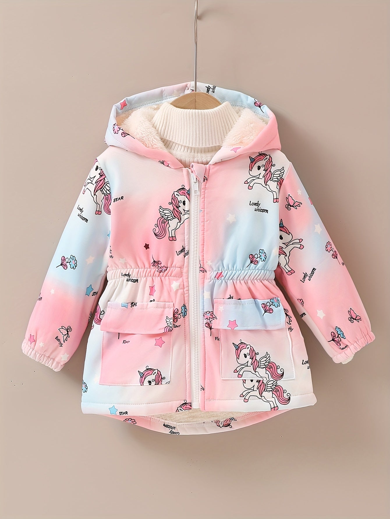 [Girls' Winter Jacket] Girls' Winter Fleece-Lined Hooded Jacket with Unicorn & Butterfly Print - Pink to Blue Ombre Design, Warm & Cozy Outerwear for Toddlers, Machine Washable Polyester, Girls Jacket