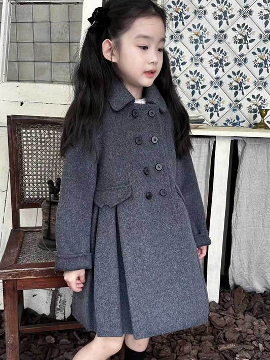 Girls' Vintage Double-Faced Fleece Coat with Skirt Hem - Dark Gray Button-Front Closure, Warm Winter Jacket, Lining & Classic Collar, Long Sleeve Casual Outerwear for Fall/Spring, School & Special Occasions (Regular Fit), Fal