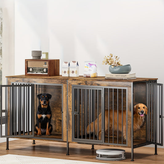 Dog Cage Furniture, XXL 78" Thick Wooden Frame & Iron Construction, Removable Divider Double Doors Durable Sturdy Design, for 2 Large Medium Dogs, Brown
