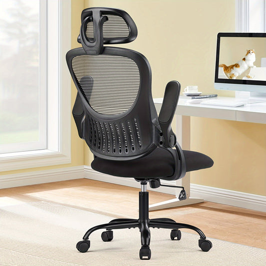 [Ergonomic Gaming Chair] Ergonomic Office Desk Computer Chair, High Back Comfy Swivel Home Gaming Mesh Chairs With Wheels, Adjustable Headrest, Comfortable Lumbar Support, Flip-up Arms, 144° Tilt For Study