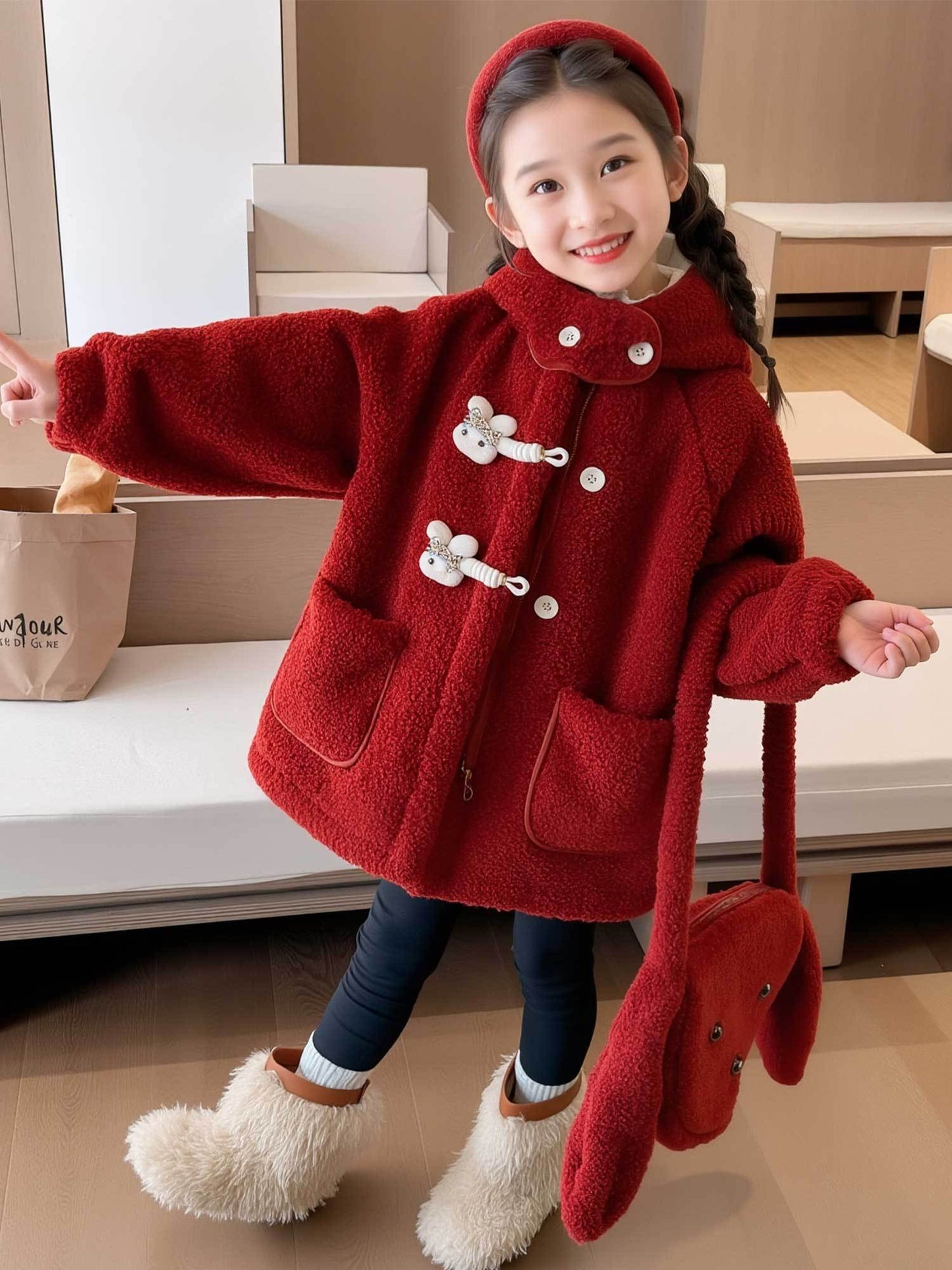 Girls' Luxury Plush Hooded Winter Coat - Thickened Warm Fleece-Like Insulation, Soft Loose-Fit Long Sleeve Jacket with Front Button Closure & Hood, Cozy Casual Outerwear for & Young Girls ( to Early Childhood) - Versatile for