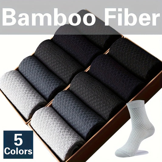 [Breathable Bamboo Socks] 5 Pairs Bamboo Fiber Men's Mid Tube Socks | Breathable Business Casual Formal Socks, Double Needle Dark Square Pattern