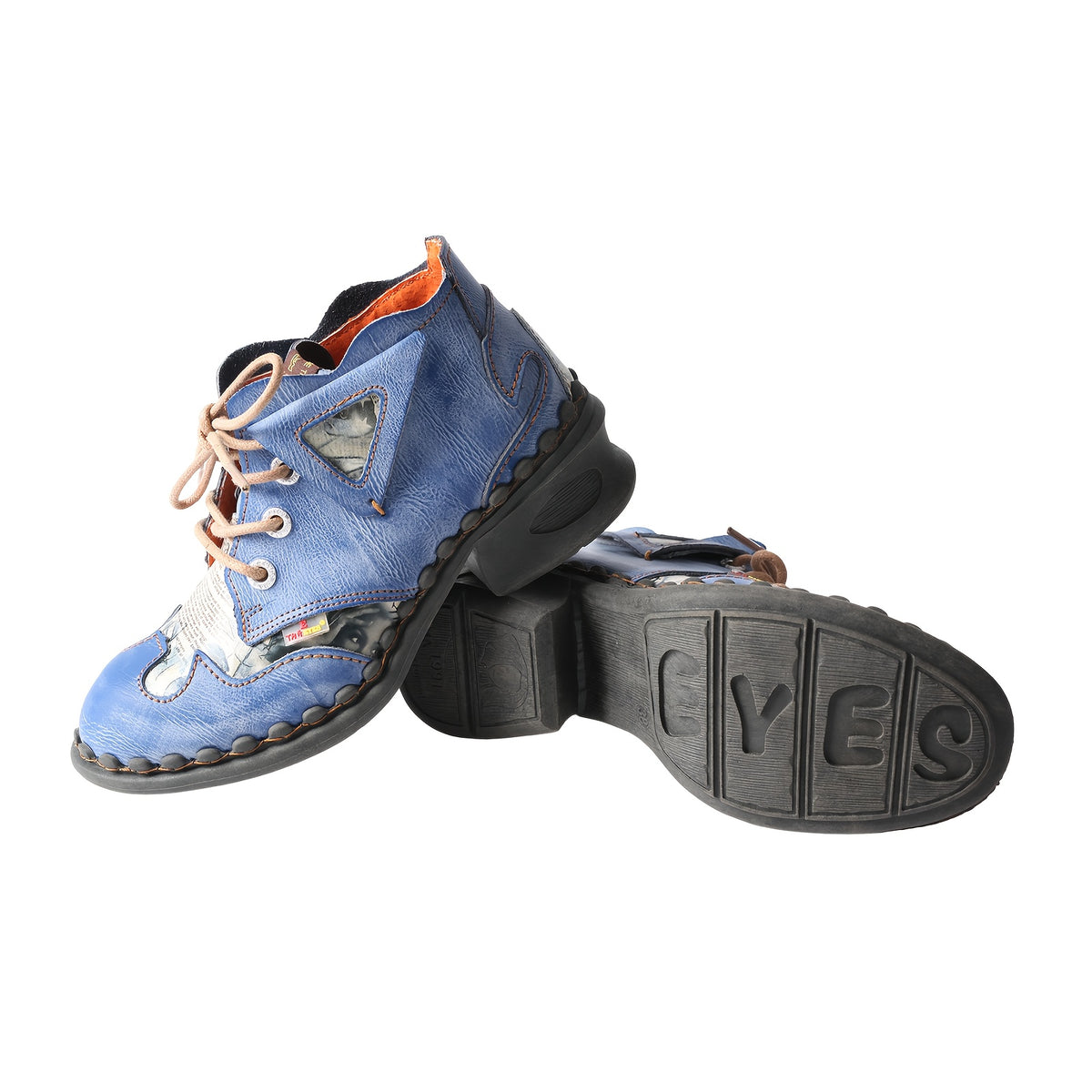 TMA EYES Autumn And Winter American Retro Made Women'S Short Boots With A Cowhide Top, Spliced Newspaper Print, Suede Leather, Thick Heel, Tie Up, Commuting Street Style, Versatile Riding Boots