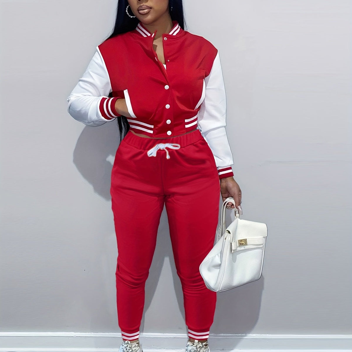 European And Trendy Women'S Patchwork Jacket with Single-Breasted Baseball Suit, a Two-Piece Outfit