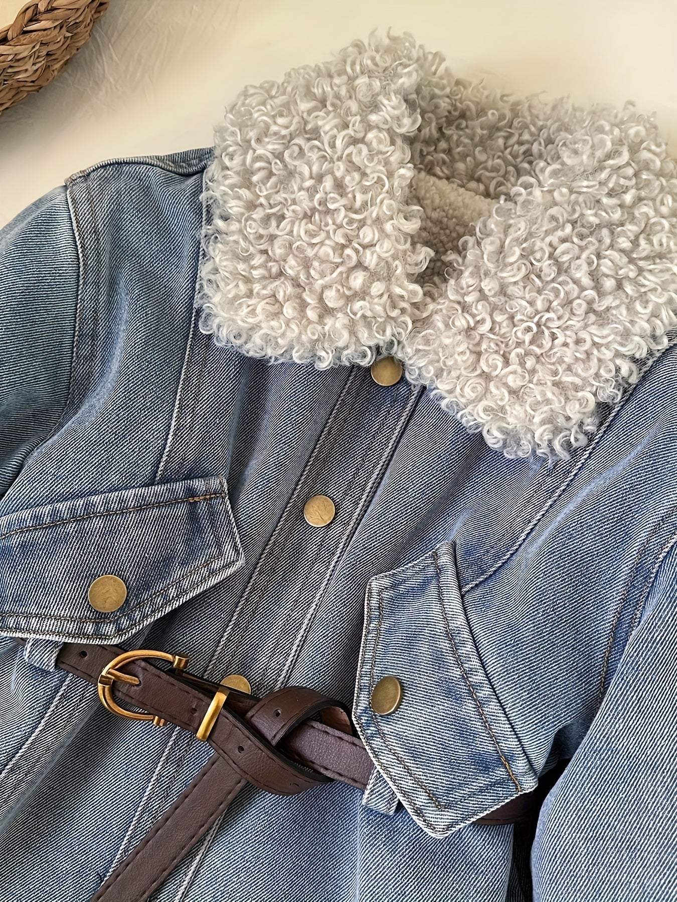 [Sanrio]Exclusive Design, Sanrio Family Print, Mid-long Length Fleece-lined Coat for Girls, Denim Fleece-lined Coat, The Latest Warm Coat for Autumn for and Winter. Comes with for a Belt. for a Gift for Your Daughter. for a M