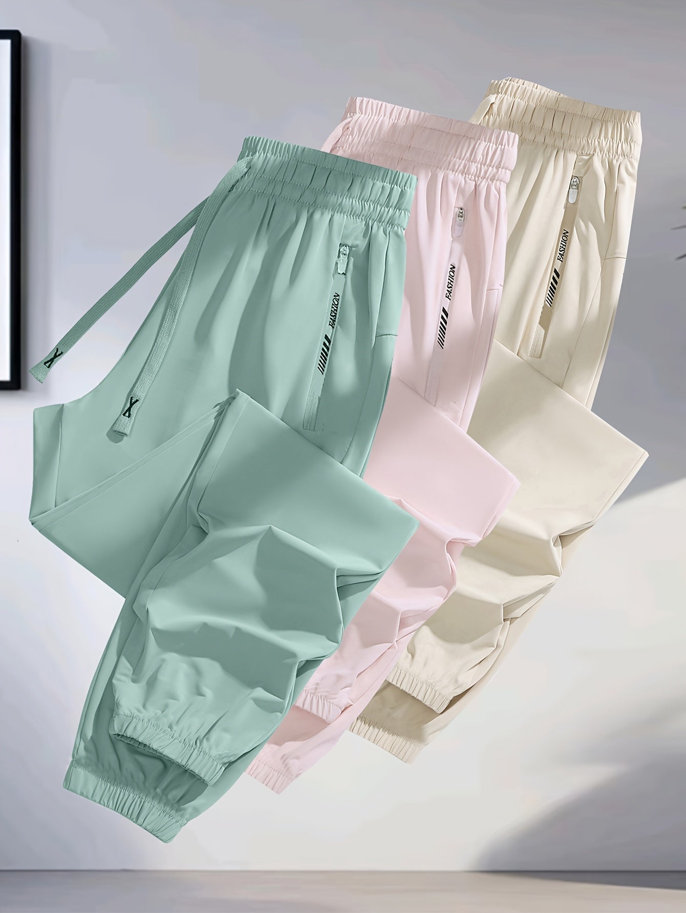 [3pcs Colorful Summer Joggers] 3pcs Women's Summer Casual Sports Pants | Ice Silky Fiber Fabric, Breathable, Elastic Waist, Tapered Running Cycling Joggers | Colorful