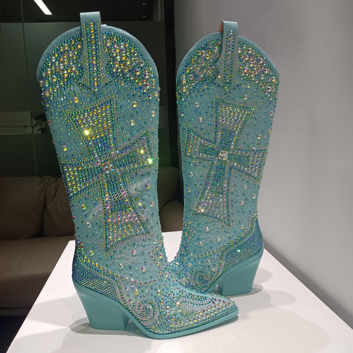 Women'S Western Knee - High Cowboy Boots With Rhinestone Cross | Eye - Catching Bling, Authentic Style | Premium Fabric, Supportive Sole, Soft Cushion | Seasonless For Nightclubs, Parties, Festivals & Shopping Trips