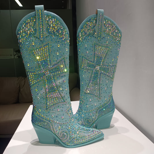 Women'S Western Knee - High Cowboy Boots With Rhinestone Cross | Eye - Catching Bling, Authentic Style | Premium Fabric, Supportive Sole, Soft Cushion | Seasonless For Nightclubs, Parties, Festivals & Shopping Trips