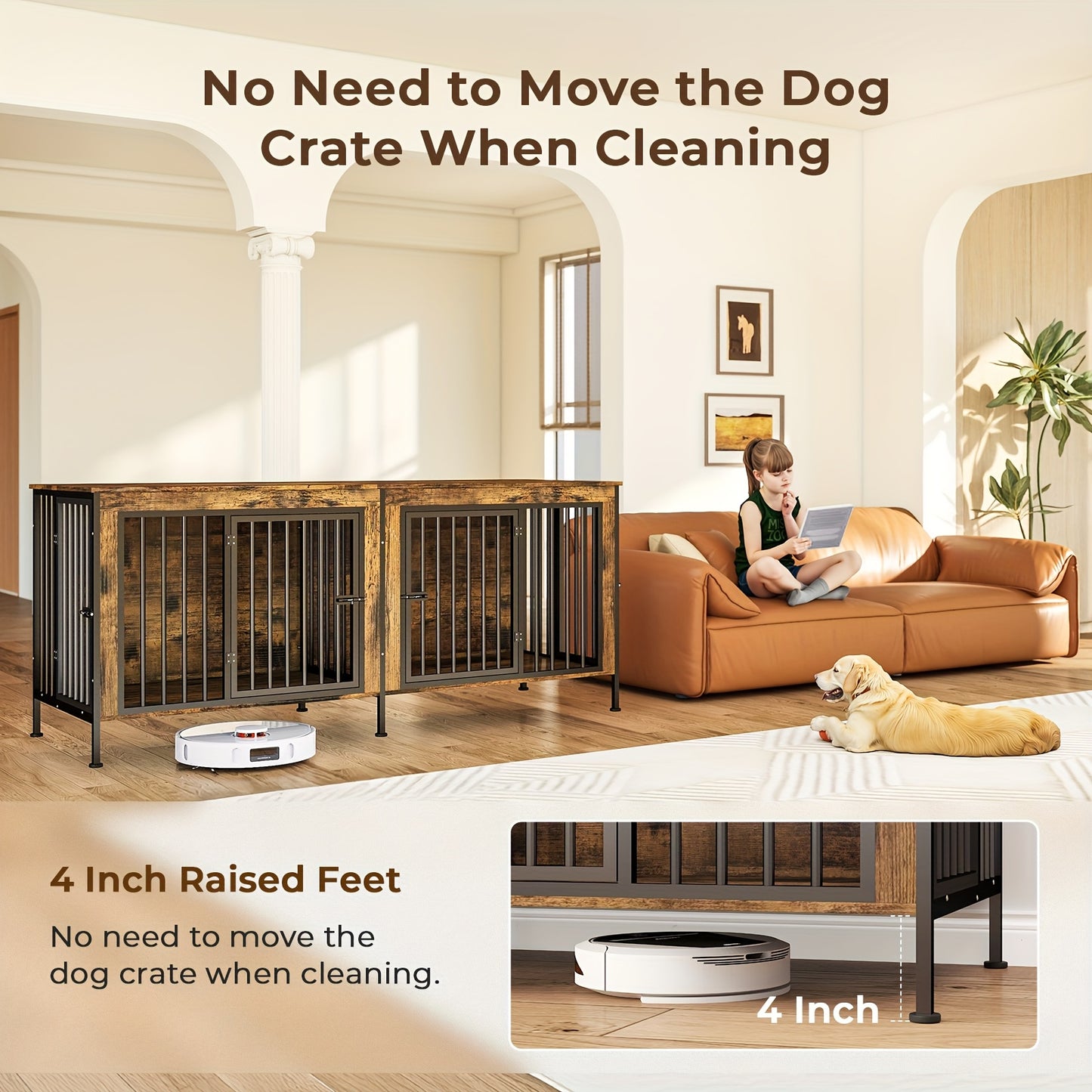 Dog Cage Furniture, XXL 78" Thick Wooden Frame & Iron Construction, Removable Divider Double Doors Durable Sturdy Design, for 2 Large Medium Dogs, Brown