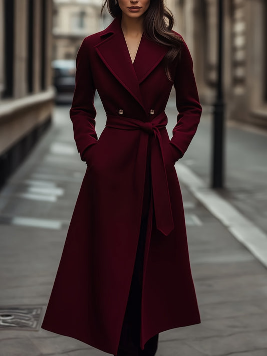 Elegant Long Trench Coat for Women - Solid Color Wrap Style Belted Open Front Coat, Classic Fall Winter Office Casual Long Sleeve Overcoat