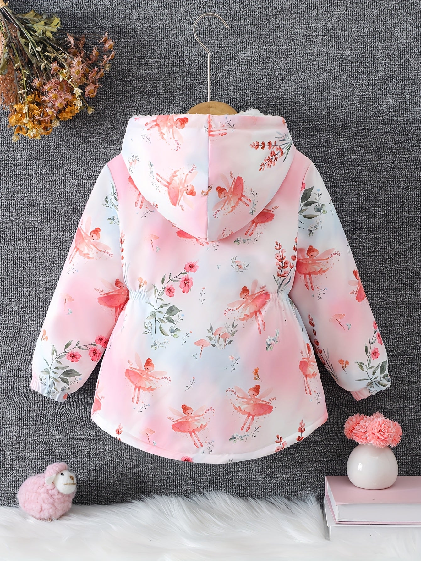 Girls' Soft Fleece-Lined Hooded Zip-Up Jacket with Pockets - Cozy Long Sleeve Winter Coat, Floral Print, Drop Shoulder Design, X-Line Silhouette, Polyester, Perfect For Fall & Winter, Winter Jacket, Cozy Winter Wear, Stylish