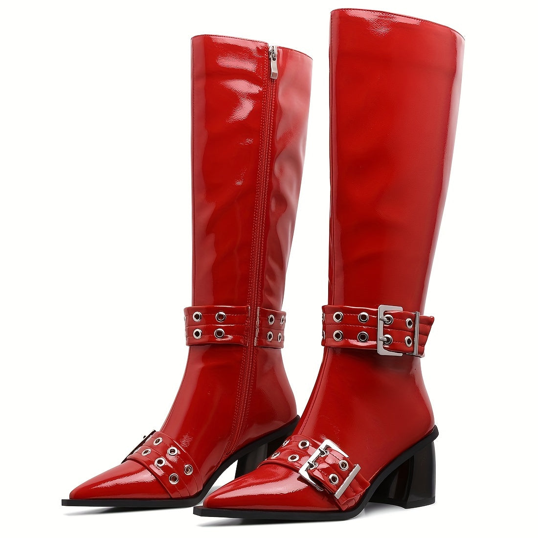 Women's Retro Buckle Strap Pointed Toe Chunky Mid-Calf Boots - Glossy Black PU Cover, All-Season Versatile Ankle Boots with Zipper Closure & Rubber Sole for Casual & Formal Outfits, Allseason Boots | Buckle Strap Detail | Zip