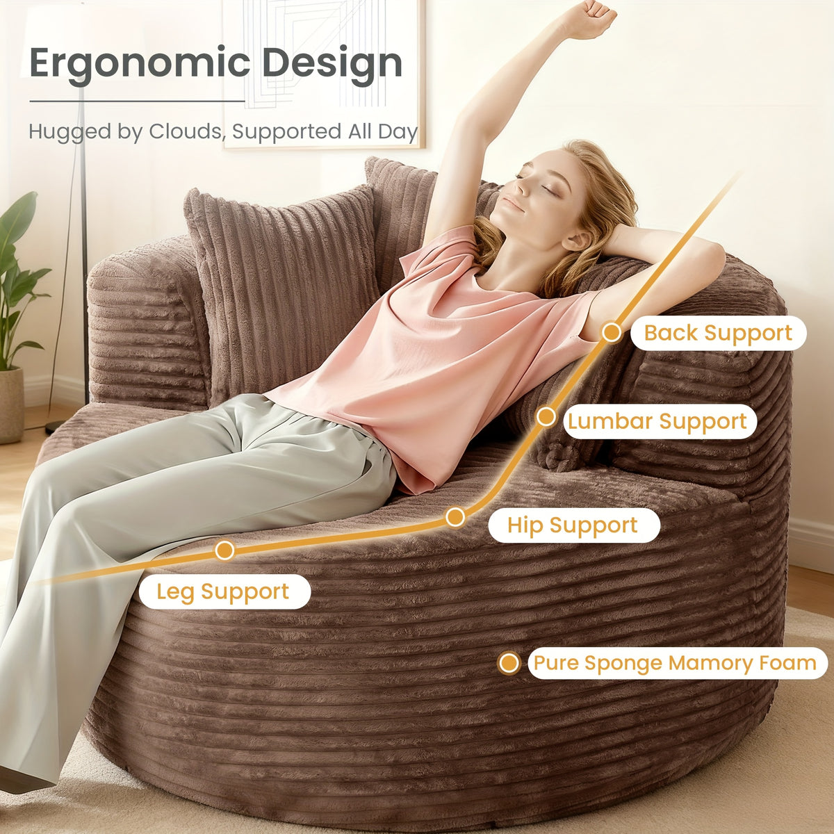 50" Oversized O-Shape Modular Boneless Chaise Couch - Plush Corduroy Fabric Sofa Bed with Ergonomic Design & Built-in Pillows, No Assembly Required, Brown Bean Bag Sleeper Sofa for Living Room, Game Room, Dorm - Easy-Clean Du