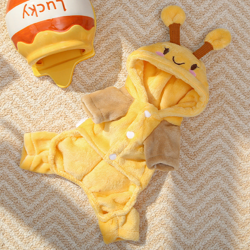 Warm Winter Jacket for Small Dogs & Cats - Flannel Four-Legged Pet Coat with Snap Button Closure, Cozy Cold Weather Clothing for British Shorthair, Short-legged Breeds (Bee Pattern Design) - for X-Small Species (Dogs/Cats)