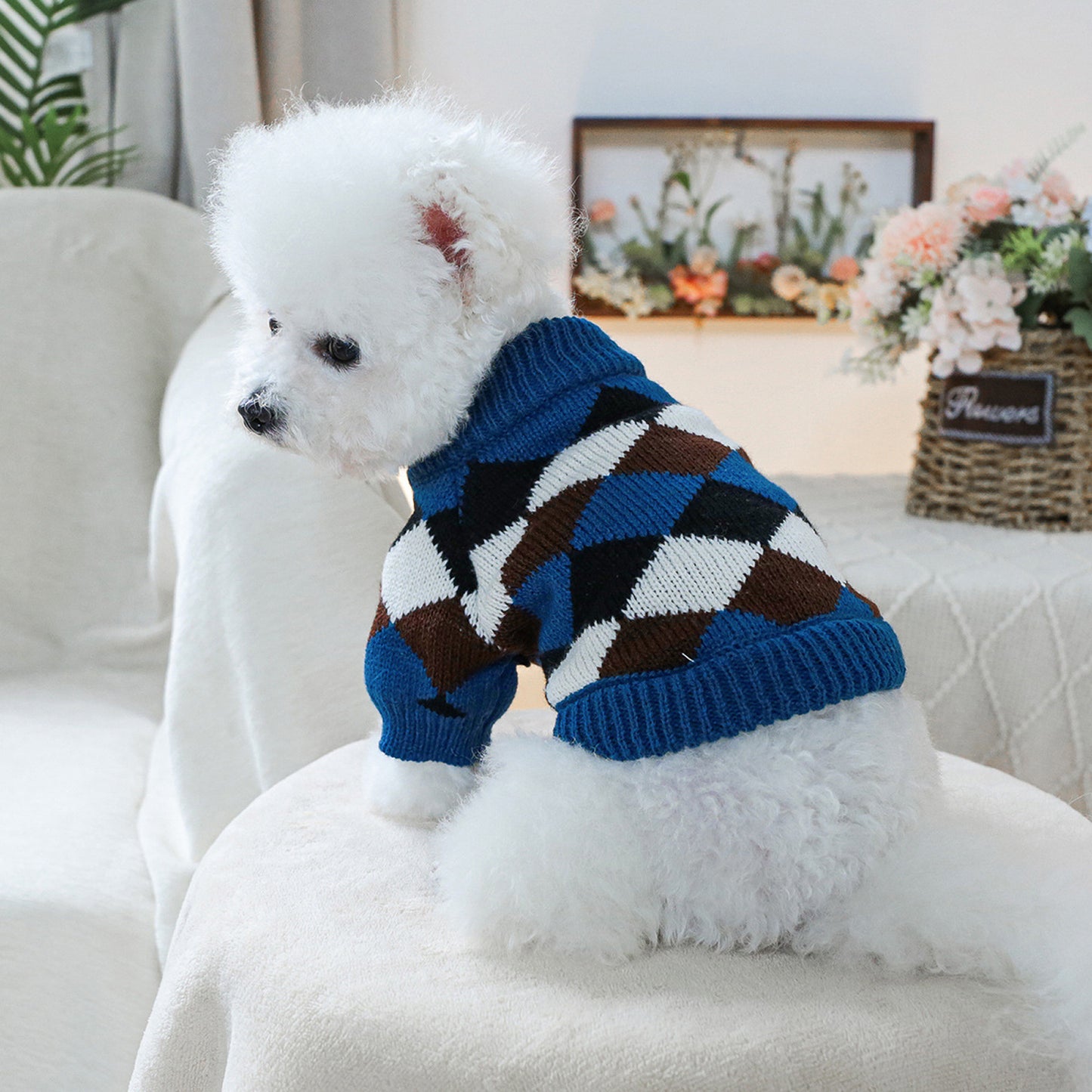 Dog Knitted Sweater Vintage Rhombus Pattern Ribbed Fall Winter Warm Clothes for Small Dog and Cat