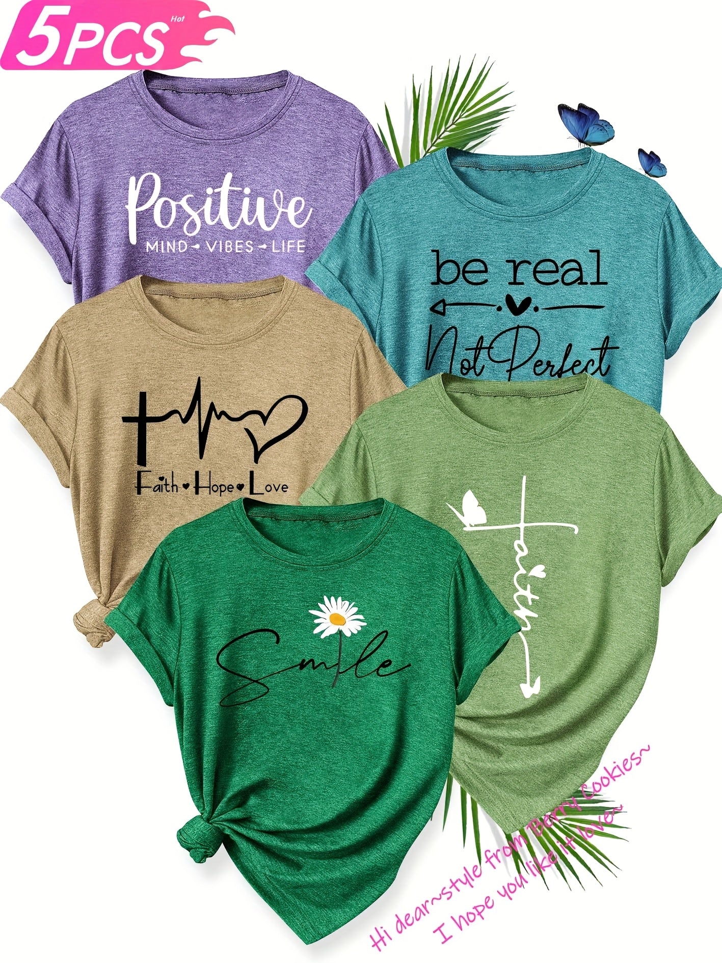 5pcs Women's T-Shirt Set, "Be Real" & "Smile" Inspirational Quotes, Heart & Flower Designs, Soft Polyester, Round Neck, Short Sleeve, Spring/Summer/Fall Casual Wear, Sizes S-XXL, Spring Summer Apparel, Playful Graphic Tees, M