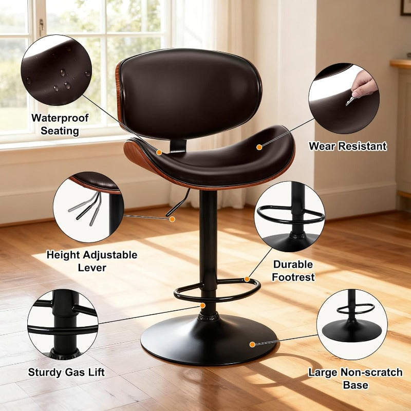Bar Stool Set (2-Piece/4-Piece/6-Piece), Adjustable Bar Height, PU Leather-Covered Seat, Ergonomic Backrest and Footrest, Non-Slip Rubber Base, Suitable for Bars and Home Kitchen Islands, Black