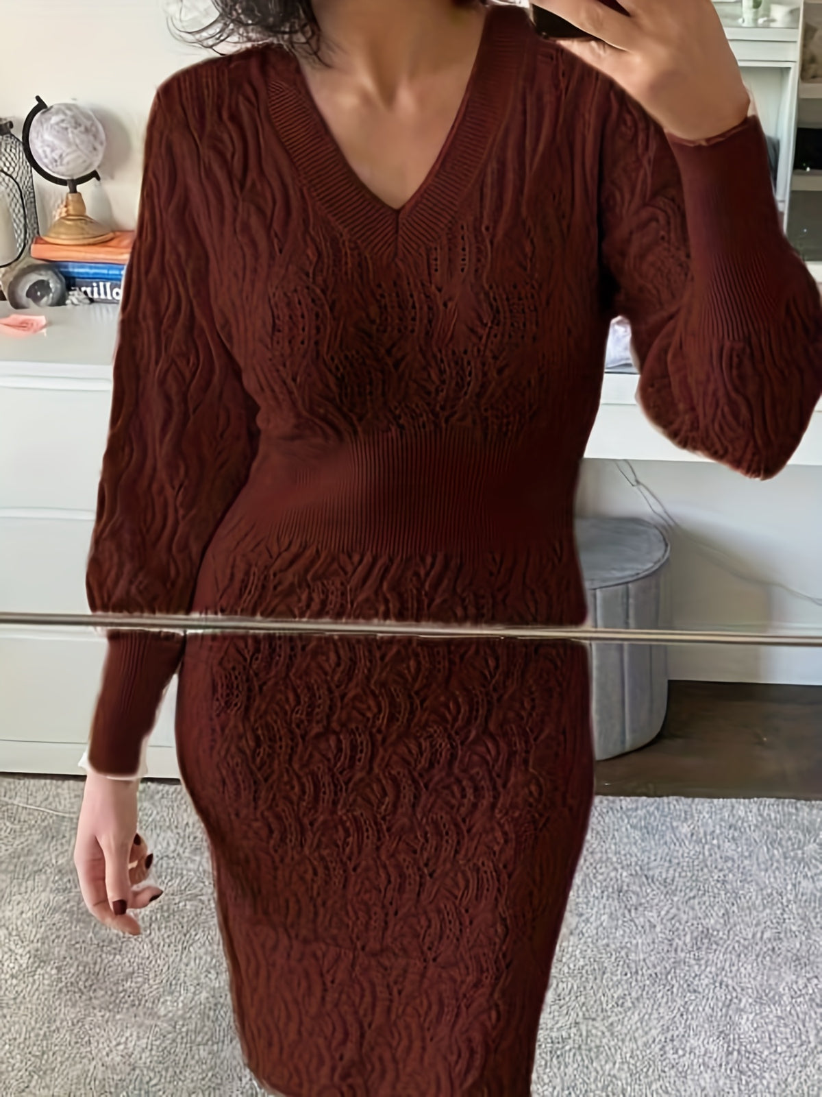 Women'S Elegant V-Neck Dress with Cut-Out Detail - Long Sleeve, Mid-Length, Solid Brown, Perfect for Fall & Winter, Stylish for Shopping or Festive Occasions, Festive Attire | Vneck Dress | Construction, Cute Dresses