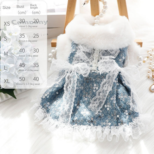 Sparkling Denim Sequin Dog Dress with Padded Winter Jacket - Blue & White Ruffled Collar & Hem, Lace-like Leg Trim for Small/Medium/Petite Large Dogs (Chihuahuas, Pomeranians) - Cozy Outfit for Parties & Photo Shoots