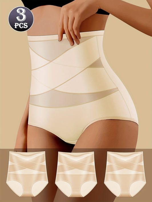 [3pcs High-Waisted Briefs] 3pcs Women's High-Waisted Cross-Strap Briefs - Breathable Comfort, Butt-Lifting Waist Cincher, Solid Color Set (Beige/White/Black), Everyday Casual Wear, Comfortable Undergarment, Simple Design, Smo