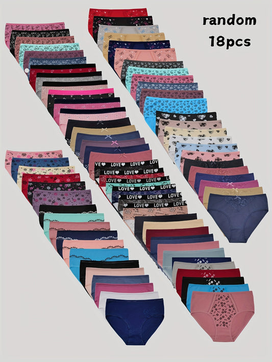 18pcs Women's Plus Size Cotton Lace Panties - Mid-Rise Triangle Cut, Contrast Lace Trim, Assorted Solid Colors, Soft Breathable Underwear for Everyday Comfort