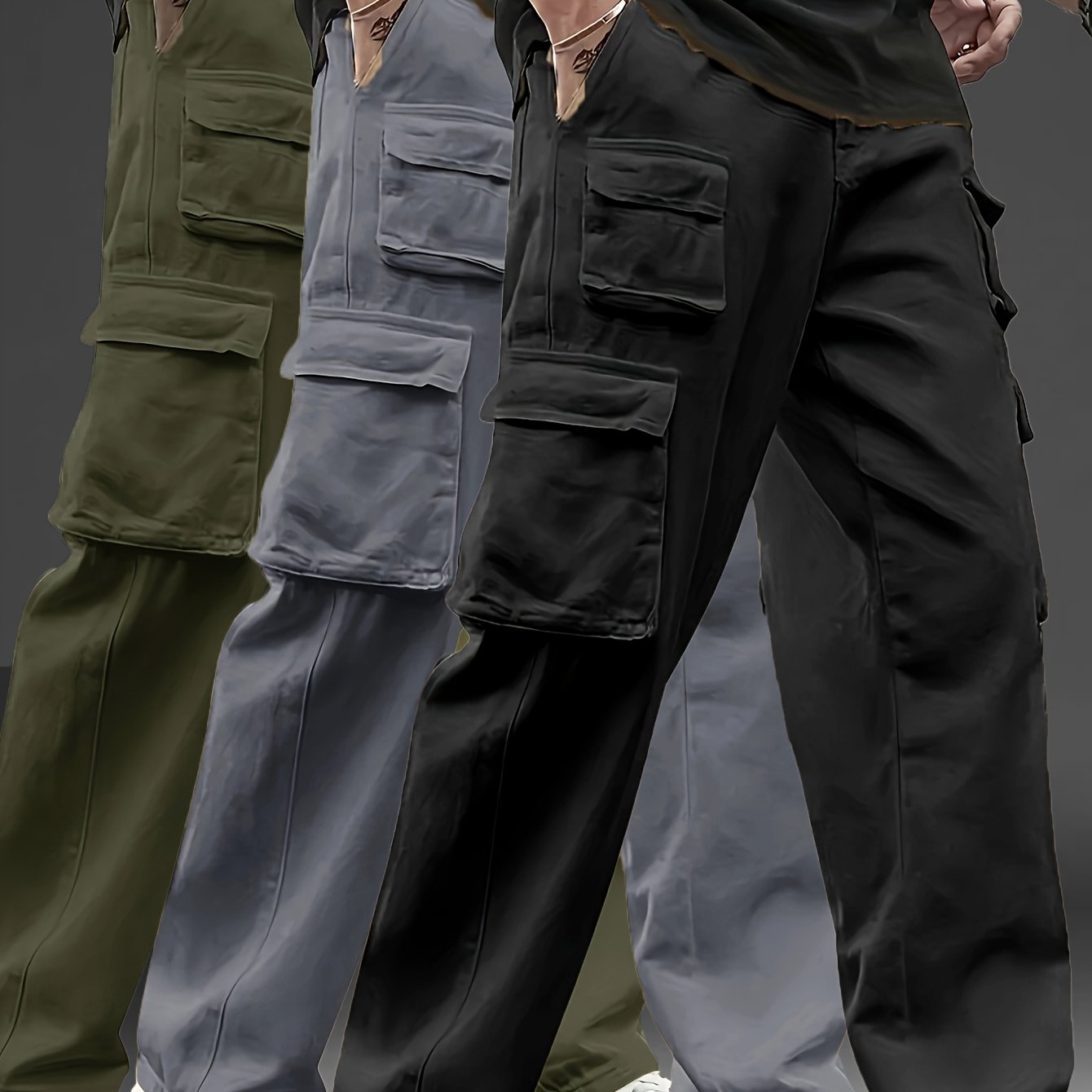 3pcs Men's Multi-Pocket Cargo Pants: Features a Trendy Loose Fit and Durable Design, Making Them Versatile Casual Work Pants Perfect for Outdoor Sports, Daily Wear, Travel, and Various Other Occasions.