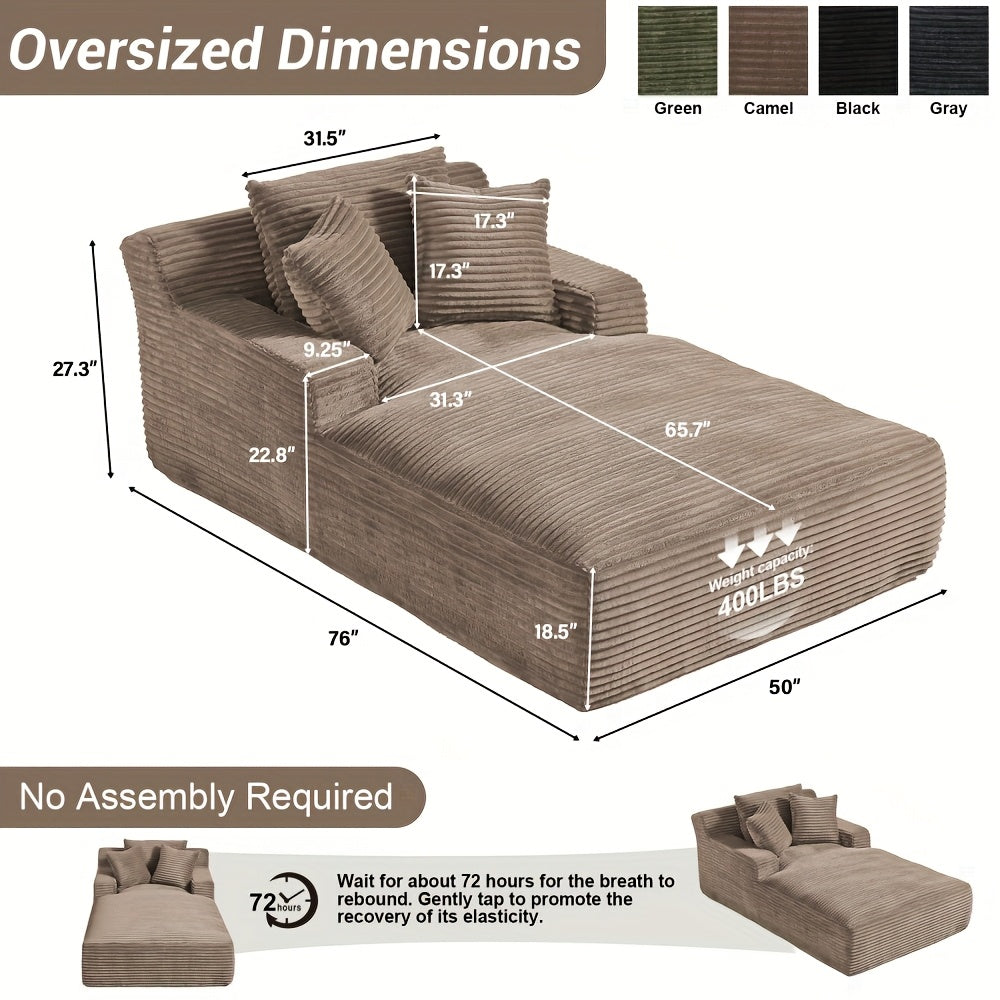 Oversized Plush Corduroy Chaise Lounge Chair & Sofa Bed with Memory Foam - Large Deep Seat Recliner, Sleeper Couch with 3 Pillows Suitable for Living Room, Bedroom