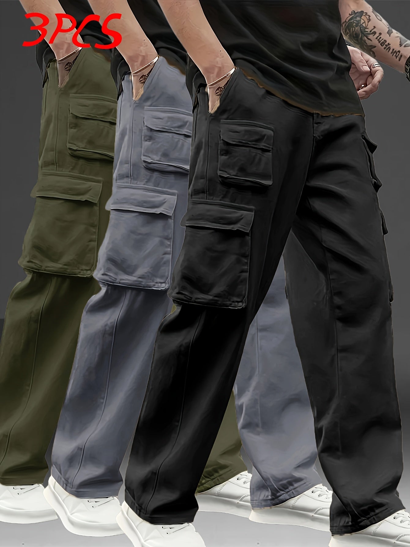 3pcs Men's Multi-Pocket Cargo Pants: Features a Trendy Loose Fit and Durable Design, Making Them Versatile Casual Work Pants Perfect for Outdoor Sports, Daily Wear, Travel, and Various Other Occasions.