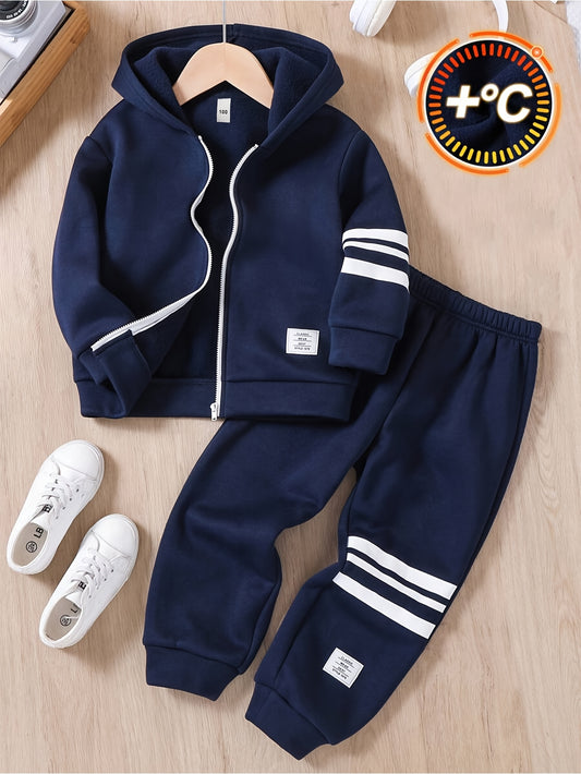 [2pcs Set] Autumn Winter New Solid Color Hooded Zipper Jacket with White Striped Print Letter Patch Casual Sports Versatile Comfortable Long Pants 2pcs Set, DONABEBE, for Outdoor