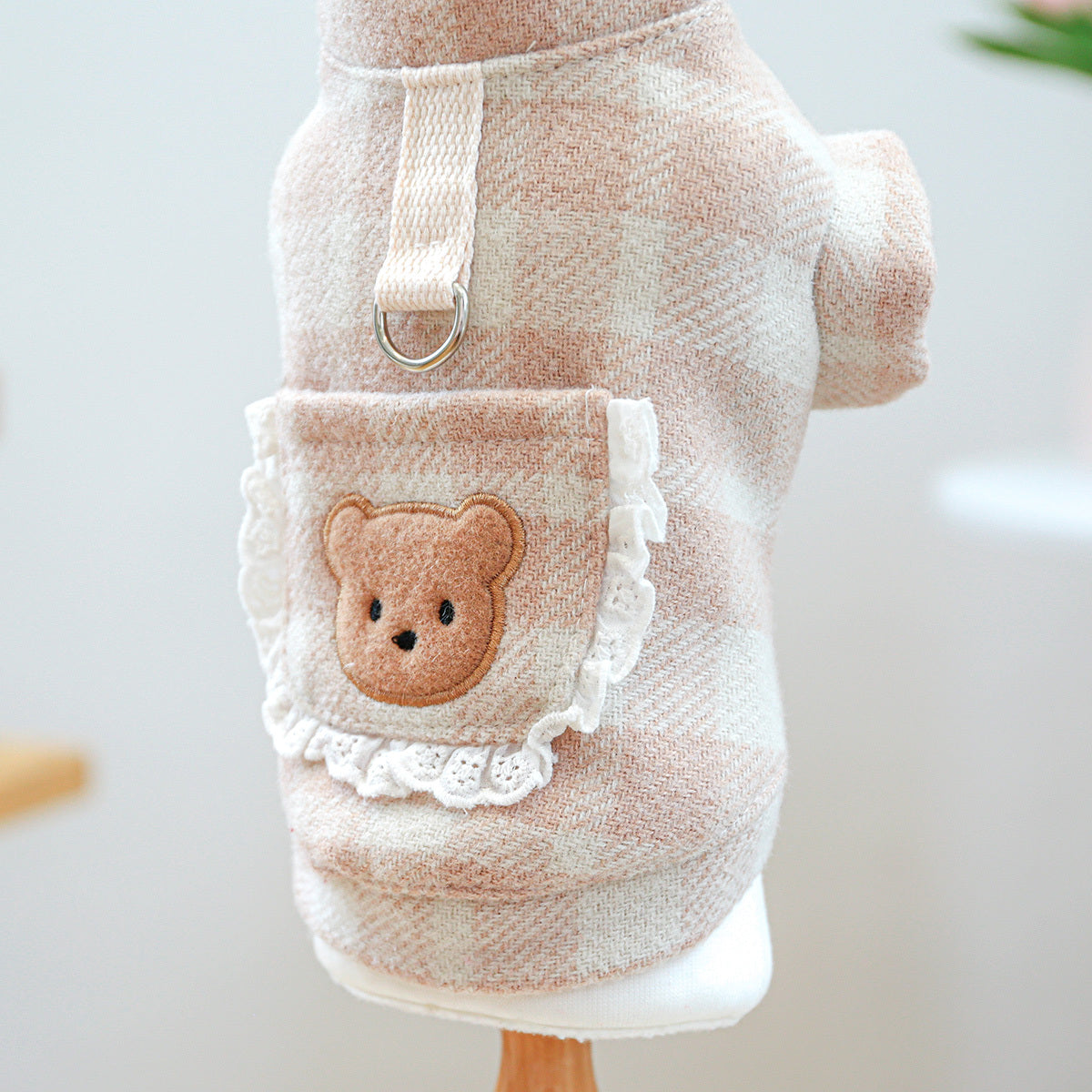 Pink Plaid Dog Jacket with Teddy Bear Buttons & Lace Trim - Soft Warm Winter Coat Suitable for Small Pomeranians, Chihuahuas, Shih Tzus, Poodles - Snap-On/Pullover Pet Sweater for Puppies & Small Dogs (Zipper or Button Closur