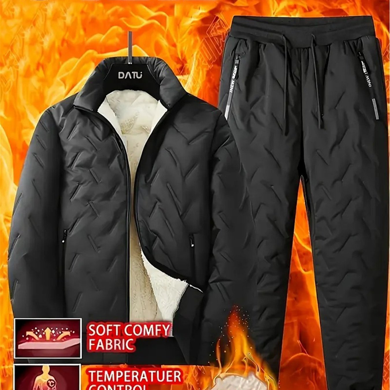 2pcs - Autumn/ Winter two-piece Men's stand up collar jacket, long sleeved jacket, pants jacket, Men's winter casual jacket set, with plush lining and polyester fabric stand up collar pocket