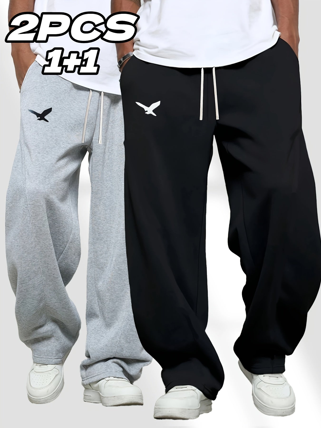 [Eagle Print | Sports Pants] 2pcs Men's Eagle Print Sports Pants | Casual, Adjustable Drawstring, Straight Leg, Trendy Gift for Father or Husband
