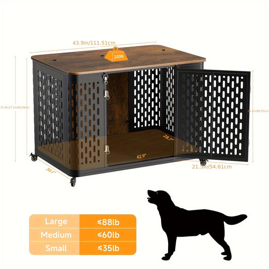Dog Cage Furniture Suitable For Large And Medium-sized Dogs, 43.7-inch Dog Cage With Cushion And Wheels, Decorative Coffee Table Pet House, Country Brown