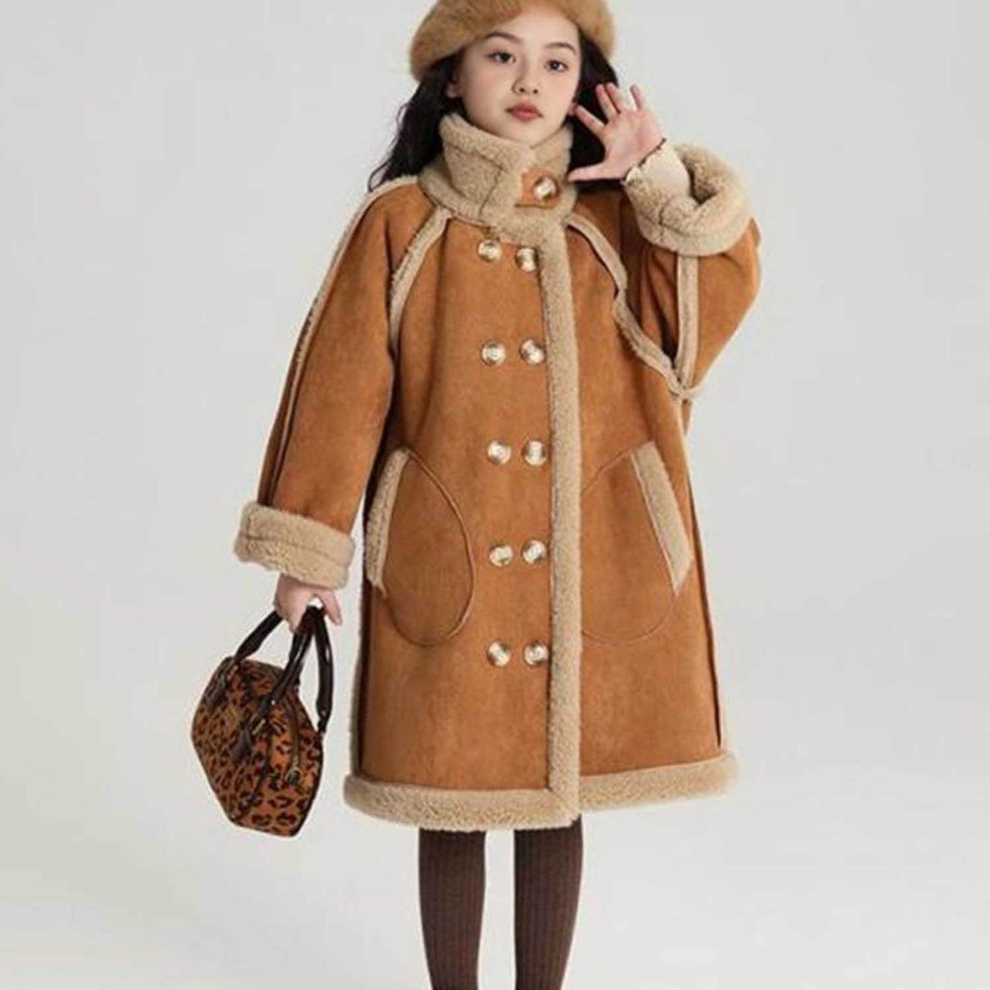 Girls' Reversible Winter Shearling Coat with - Thickened Double-Breasted Jacket, Thick Warm Outerwear for, Playdates & Cold Weather (Machine Washable) | Solid Color Fuzzy Shearling for