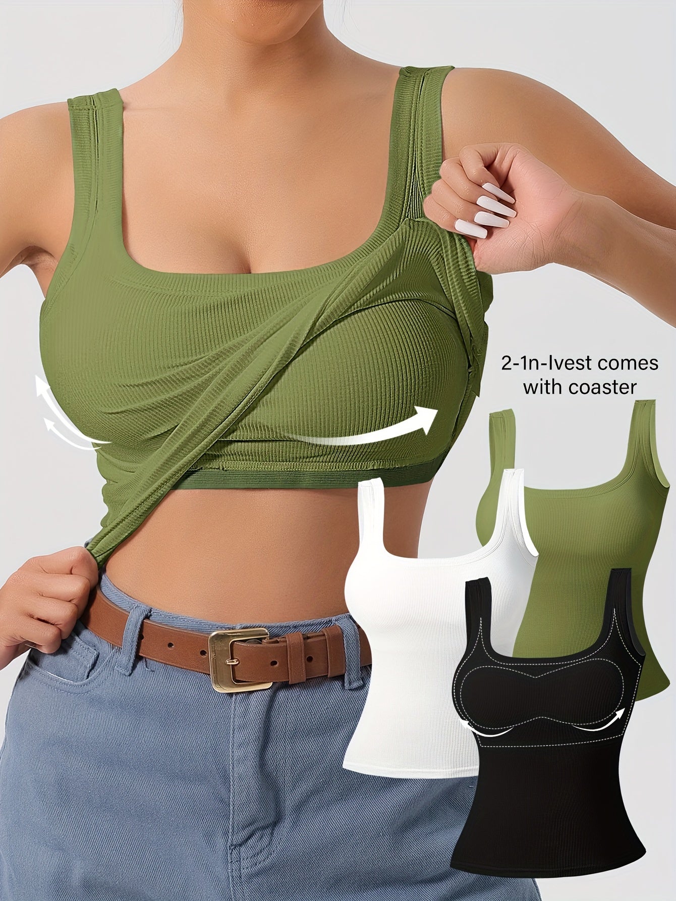 Women's 3Pcs U-Back Tank Tops With Removable Pads, Slim Fit Solid Color Versatile Inner & Outerwear Camisole Vest Set Casual Style