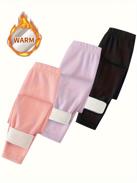[3pcs Girls' Thermal Leggings] 3pcs Girls' Thermal Leggings - Thick Winter Running Pants with High-Stretch Tummy Control, 6 Color Options (Black/Dark Brown/ Grey/White/Navy/Beige) - Full-Length Athletic Wear for 3-12 Years, G