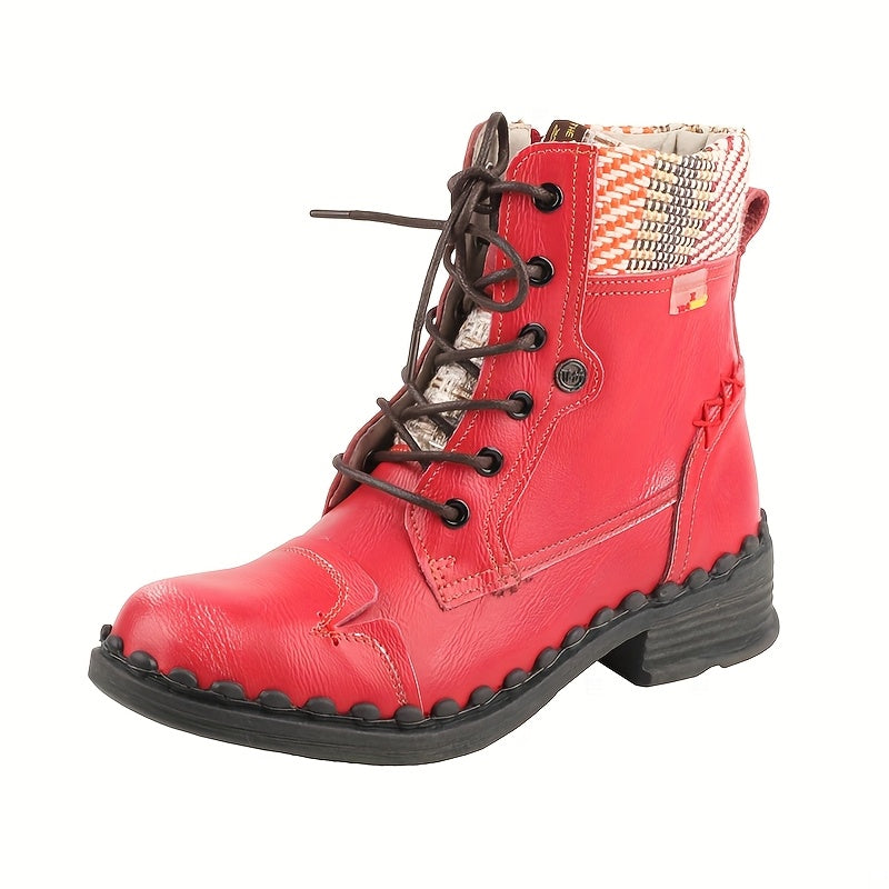 TMA ETES Women'S Elegant Height-Increasing Chunky Heel Ankle Boots with Anti-Slip TPR Sole, Side Zipper Closure, Round Toe & Plaid Design - All-Season Genuine Cover-like Synthetic Upper, Low Block Heel, Round Toe & Arch Suppo