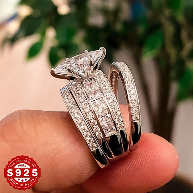 [Luxury Marquise Ring Set] Luxury S925 Silver Marquise Art Design Three-Piece Set Of Rings | Fashion Creative Engagement Wedding, Dating Party, Birthday, Valentine's Day, Holiday Gifts - Exquisite Elegant Light Luxury Daily W