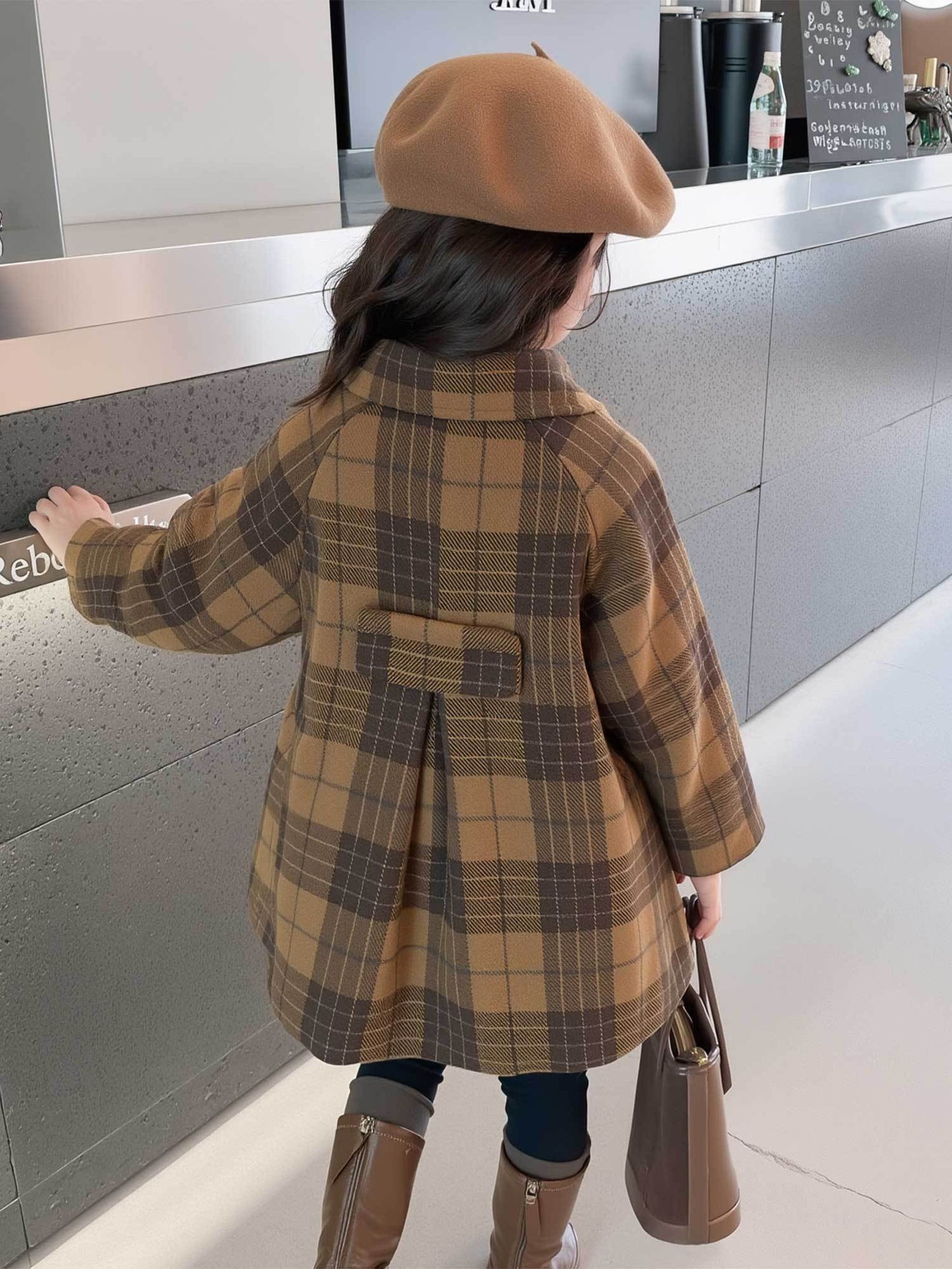 Girls' British Academy Tartan Fleece-Like Coat - Soft Warm Lapel Jacket with Houndstooth-like Plaid (Brown/Beige), Loose-Fit Long Sleeve Button Front Closure, Machine Washable & Casual Outerwear for Older Kids (No Belt)