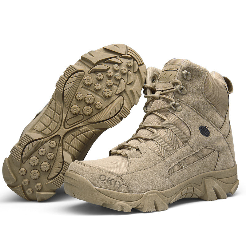Men's Tactical Hiking Boots with Ankle Support & Non-Slip Rubber Outsole - All-Terrain Traction, Cushioned Insole, Lightweight PU Synthetic Upper - Beige/Tan Low-Top Tactical Outdoor Boots for Trekking, Hunting, Camping, Urba