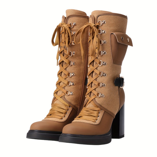 Women's Thigh-High Boots - Wide Calf, Buckle Straps, Chunky Heel, Lace-Up & Side Zipper, PU Cover, Casual Riding Combat Style, Brown, Casual Footwear | Laceup Footwear | Pu Cover Boots