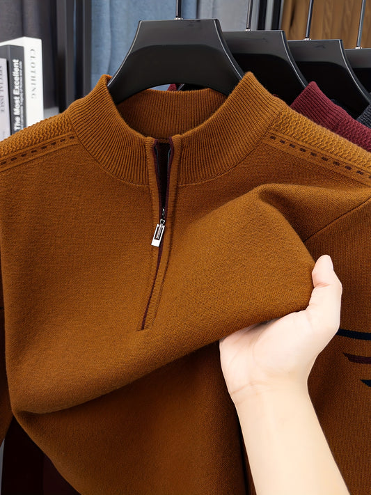 Men's Autumn And Winter New Thick Warm Knit Pullover Sweater, Zipper Placket, Light Beige-friendly And Comfortable, Office And Leisure Commuting Occasions to Wear.