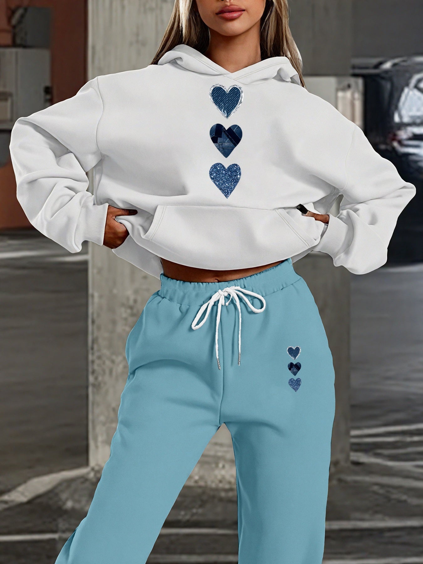 [Heart Print Hoodie Set] 2025 Autumn Winter Women's Casual Heart Print Hoodie & Sweatpants Set - Cozy Long Sleeve Pullover with Pockets, Light Purple, Perfect for Fall/Winter Outfits, Casual Wear|Heart Pattern Top|Pocketed Pa
