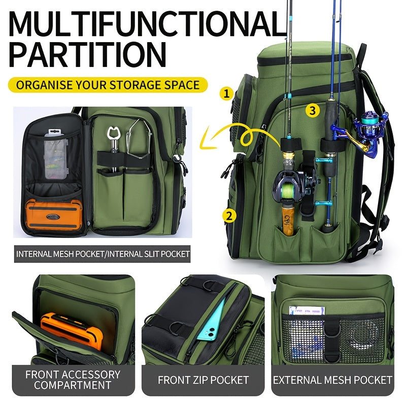 Large Capacity Heavy-Duty Multi-Functional Lure Backpack - Heavy Fishing Rod Holder, Tackle Storage Bag with Multiple Compartments, Durable Outdoor Travel Backpack for &,, Camping, Hunting (Khaki, Zipper Closure)