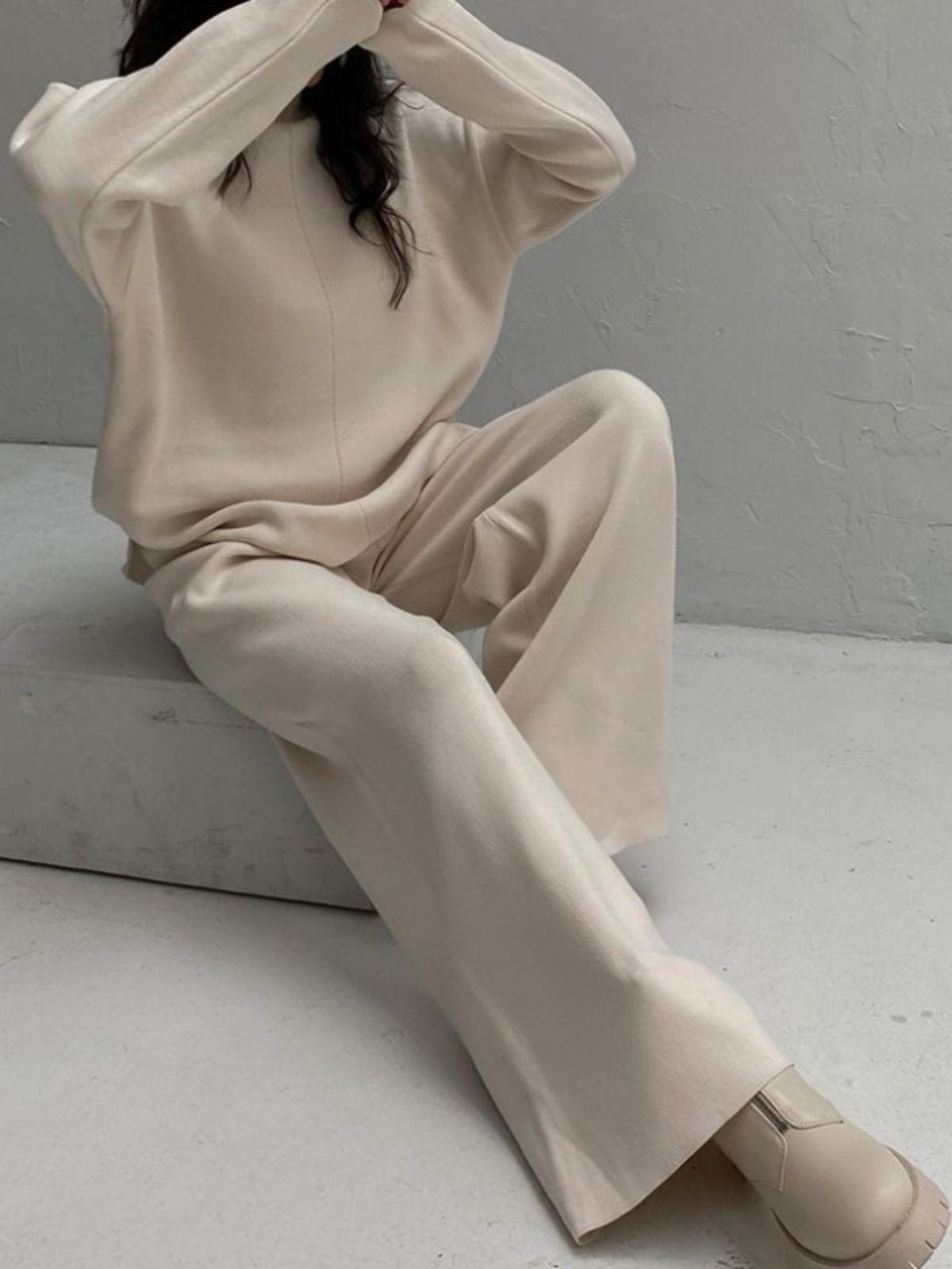 Women'S Elegant Half-Turtleneck Sweater & Pants Two-Piece Set - Oversized Loose-Fit H-Line Silhouette, Soft Stretch Sweater with Asymmetrical Neckline & 3/4 Sleeve, Solid Color Winter Warmth, Casual to Semi-Formal Outfits (Be