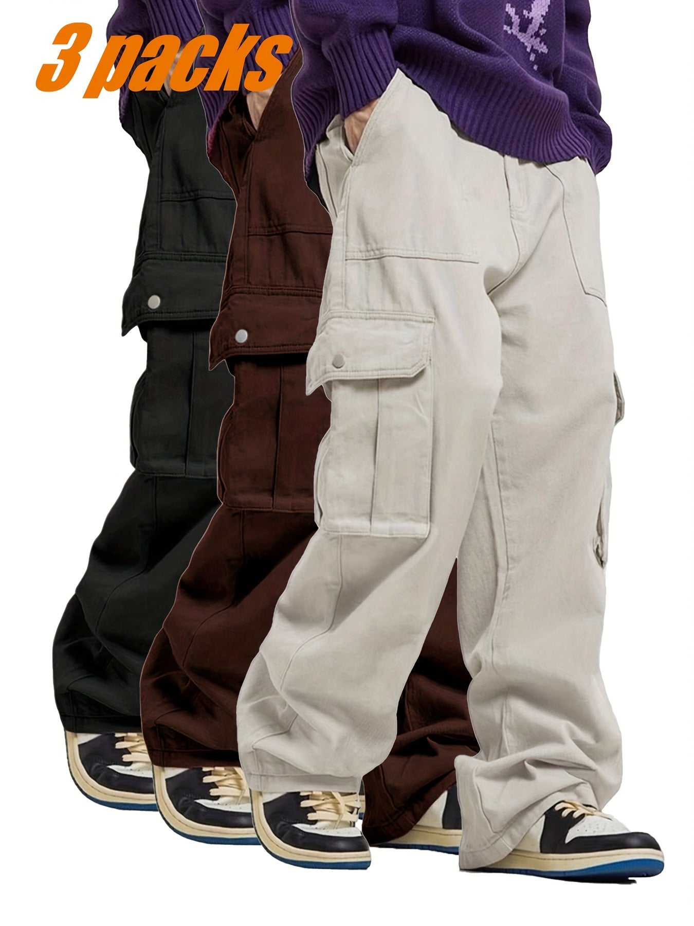 Men's casual multi-piece solid color fashionable multi-pocket cargo pants [Three-piece set]