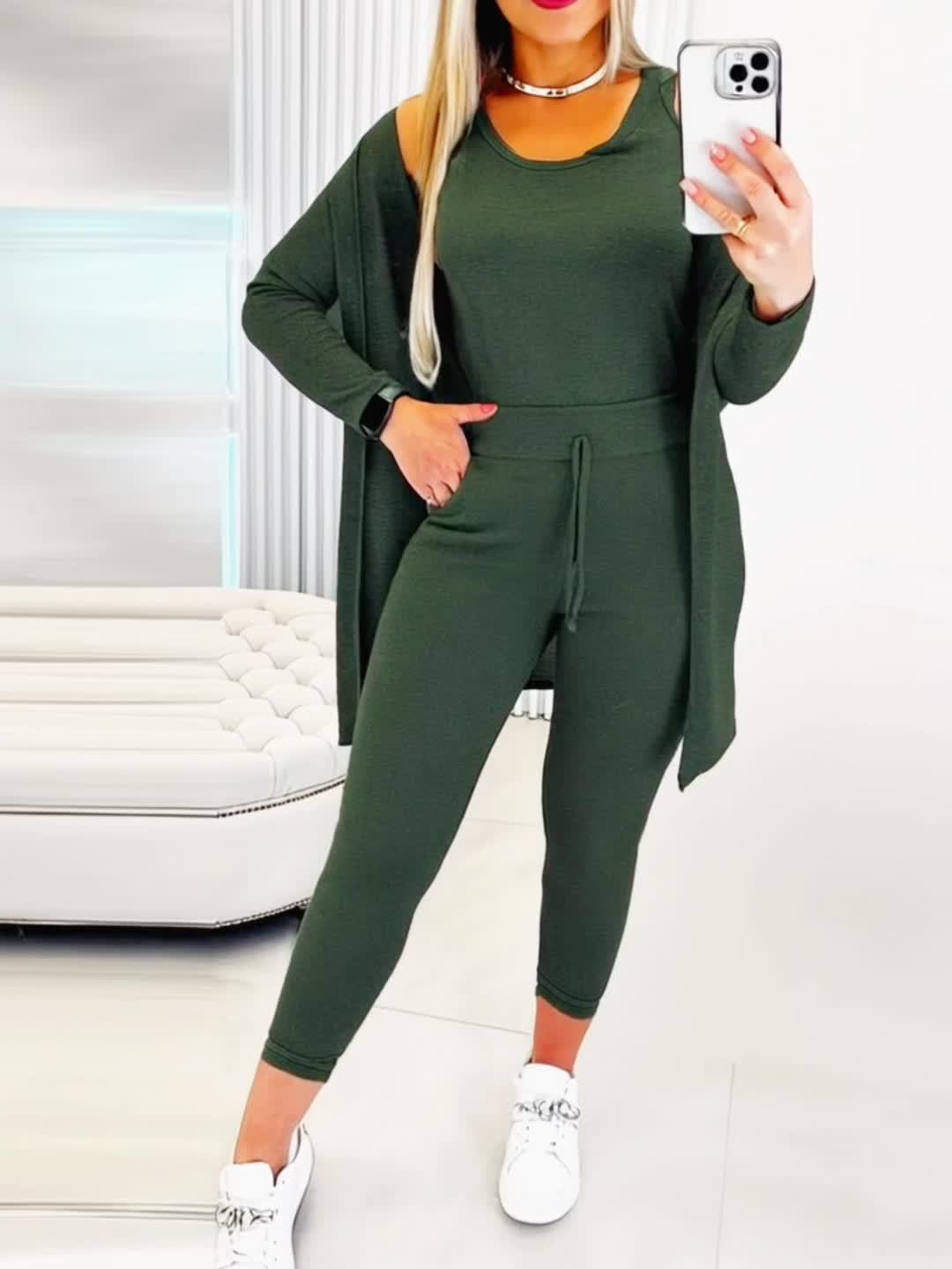 [Women's 3-Piece Set] Women's Fashion Three-Piece Set - Solid Color Long-Sleeved Long Pants Suspender Home Wear Set